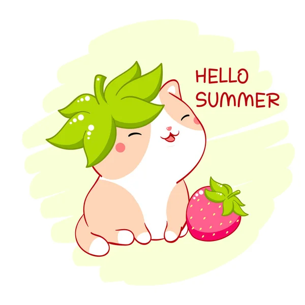 Χαριτωμένη Χοντρή Γάτα Φράουλα Επιγραφή Γεια Σου Καλοκαίρι Kawaii Μικρή — Διανυσματικό Αρχείο
