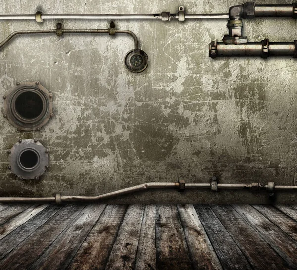 Boruları Sıva Duvarları Ahşap Zemini Olan Klasik Steampunk Fon Beton — Stok fotoğraf