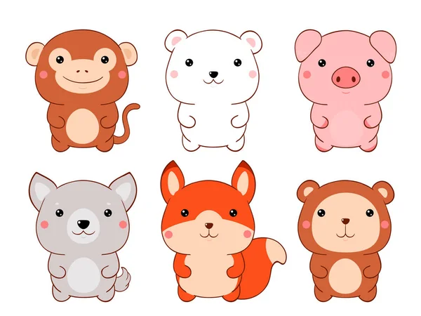 Conjunto Animais Desenhos Animados Gordos Bonitos Estilo Kawaii Coleção Adorável — Vetor de Stock