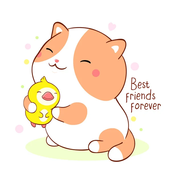 永遠に親友だ かわいい脂肪子猫の抱擁アヒルの友人 Tシャツ ポスター プリント カードのデザインに使用できます ベクターイラスト Eps8 — ストックベクタ