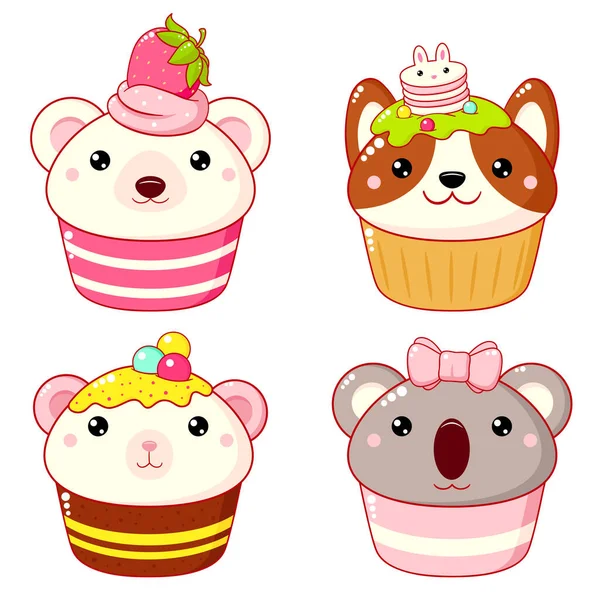 かわいい動物の形をしたかわいいデザートがセットになっています ケーキ マフィンとホイップクリームとベリーとカップケーキ コアラ ホッキョクグマ マウスと犬 — ストックベクタ