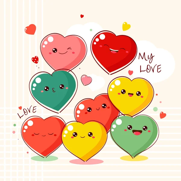 Roztomilá Valentýnská Karta Stylu Kawaii Mnoho Roztomilých Vtipných Srdcí Emoji — Stockový vektor
