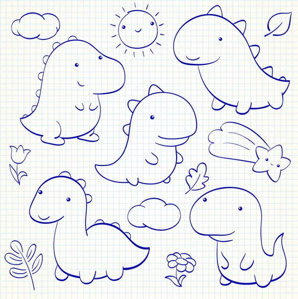 Collection Enfants Éléments Doodle Mignon Dino Nuage Soleil Feuille Comète — Image vectorielle