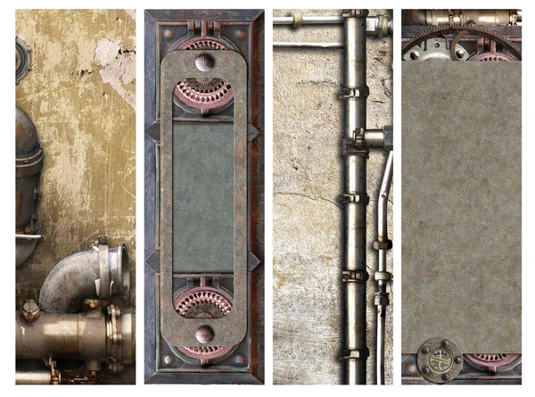 一套老式蒸汽灌装背景图 壁上有管子 收集带有混凝土墙和管道的垂直横幅 模拟模版 复制文本的空间 Grunge内部复古背景 — 图库照片