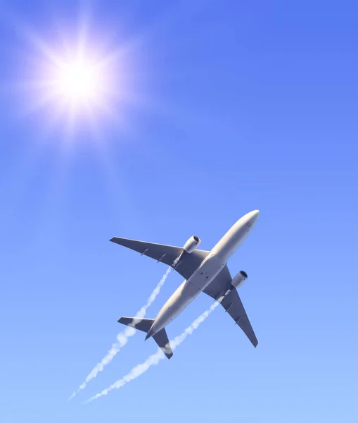 空の煙の後に航空機やジェットと垂直自然背景 飛行機と凝縮歩道 霧のトレイルジェットと太陽と青空の飛行機 世界の概念を旅する — ストック写真