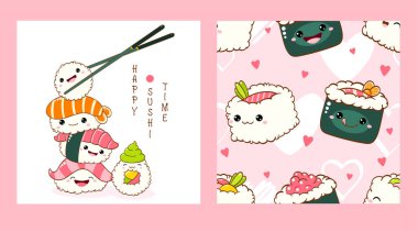 Set of seamless pattern and one print with cute sushi and roll in kawaii style. Endless texture can be used for textile pattern fills, t-shirt design, web page background. Vector illustration EPS8 clipart