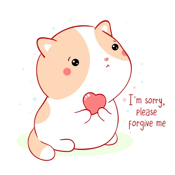 Apologize Card Sad Little Kitten Pink Heart Inscription Sorry Please — Stock Vector