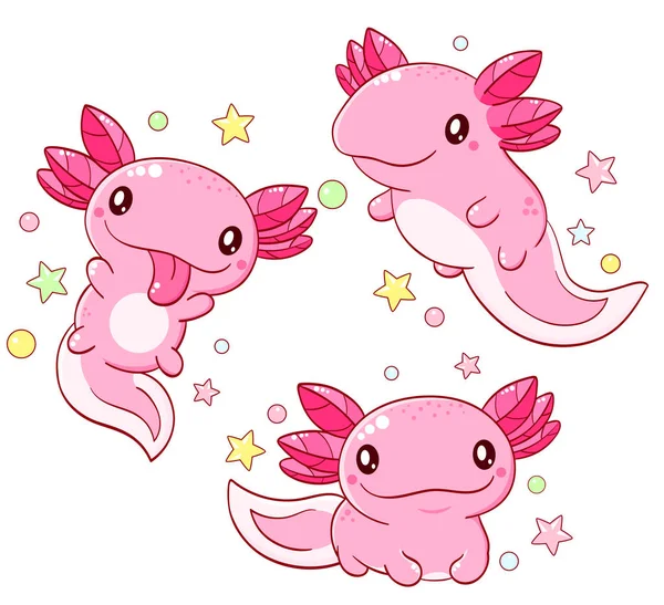 Set Cute Fat Axolotl Kawaii Style Collection Lovely Axolotl Baby — Stock Vector