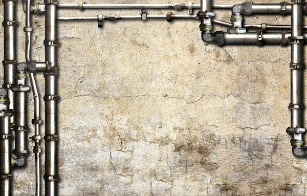 老式蒸汽灌装背景与管道在灰泥壁上 有混凝土墙和管道的开放空间 模拟模版 复制文本的空间 Grunge内部复古背景 — 图库照片