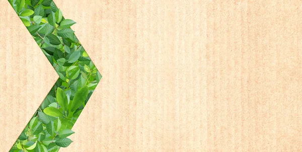 再生段ボールの質感に緑の葉や矢印のシンボル エコペーパーの質感を持つ水平バナー 紙の背景 リサイクルカートン材料 生態系と廃棄物ゼロの概念 テキストのコピースペース — ストック写真