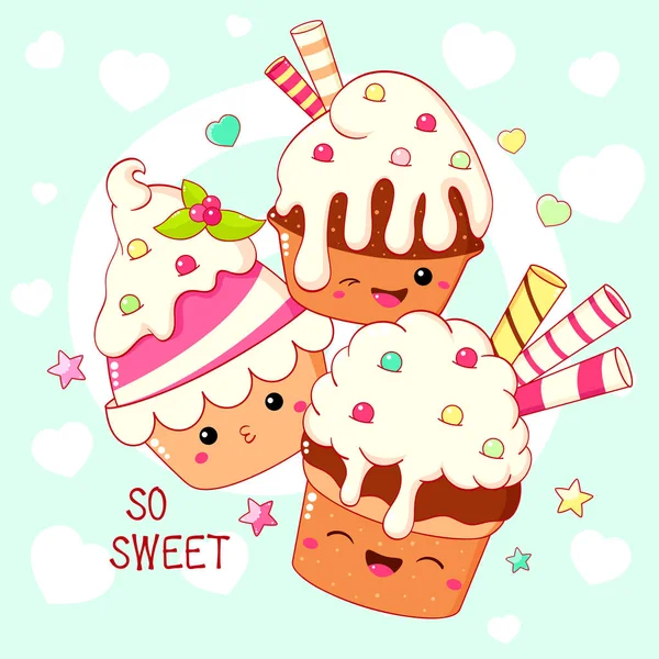 Carte Avec Dessert Mignon Dans Style Kawaii Gâteau Muffin Cupcake — Image vectorielle