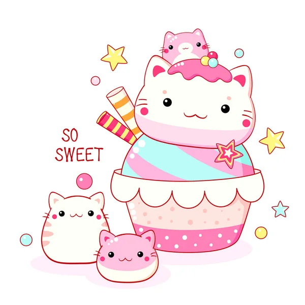 Cute Cat Shaped Dessert Kawaii Style Cake Muffin Cupcake Whipped — Stock Vector