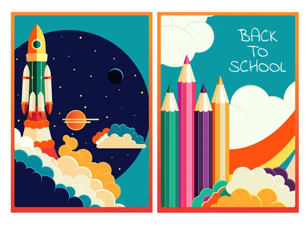 Back School Set Education Banner Paper Cut Style Rocket Pencil — Stock Vector