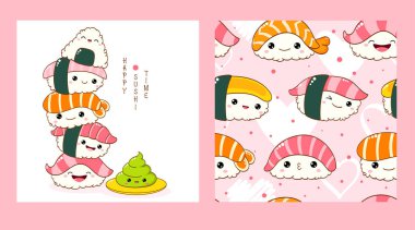 Set of seamless pattern and one print with cute sushi and roll in kawaii style. Endless texture can be used for textile pattern fills, t-shirt design, web page background. Vector illustration EPS8 clipart