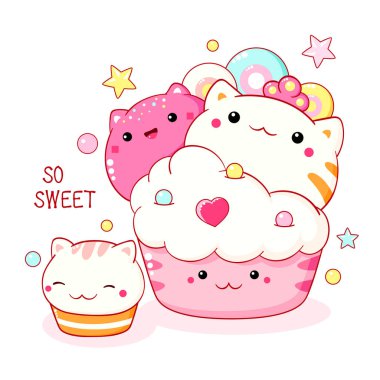 Cute cat-shaped dessert in kawaii style. Cake, muffin and cupcake with whipped cream and berry. Inscription So sweet. Can be used for t-shirt print, sticker, greeting card. Vector illustration EPS8 clipart