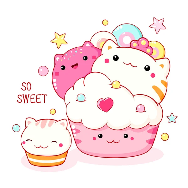 Kawaii Tarzında Kedi Şeklinde Tatlı Pasta Kek Krem Şanti Meyveli — Stok Vektör