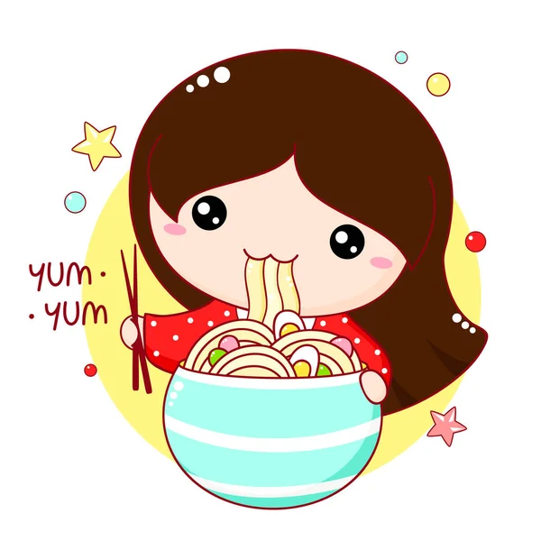 Cute Little Girl Eat Ramen Noodles Inscription Yum Yum Kawaii — Stock Vector