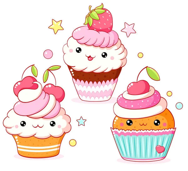 一组可爱的甜甜点 卡瓦风格 笑脸和粉红脸颊 松饼和纸杯蛋糕加奶油 樱桃和草莓 — 图库矢量图片