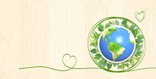 Země Planety Zelené Listy Lepenkové Textuře Horizontální Banner Recyklovanou Texturou — Stock fotografie