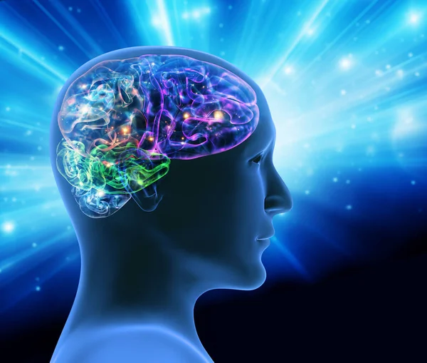 心の力 心理学と精神衛生の概念 明るい脳ネットワーク 電気活動 閃光と雷を持つ人間の頭 3Dレンダリング — ストック写真