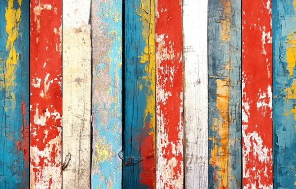 用白色 黄色和蓝色的易碎油漆制成的老式木板的结构 用不同颜色的旧木板做的水平复古背景图 — 图库照片