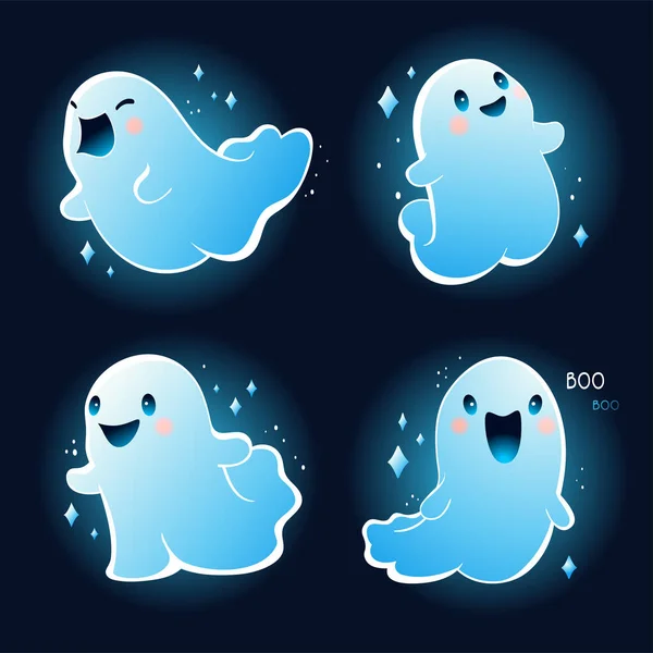 一组可爱的鬼魂 有着不同的情感和不同的卡瓦风格 万圣节前夕收集的小鬼魂 — 图库矢量图片