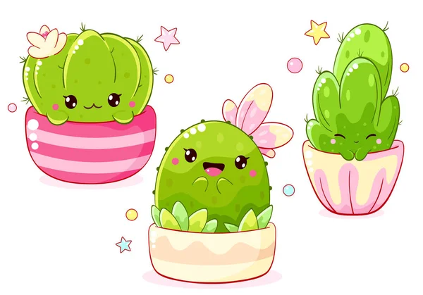 Set Stickers Kawaii Style Collection Cute Cartoon Cactus Flowerpot Vector — Stock Vector