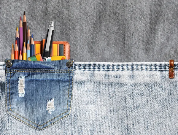 Back School Pencils Pens Denim Pocket Jeans Pocket Office Supplies — Stock Photo, Image