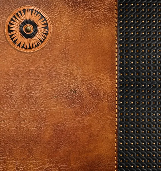 Leather Background Brown Black Colors Bronze Rivets Label Decorative Backdrop — Stock Photo, Image