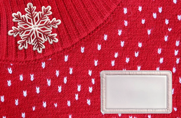 Horizontal Christmas Background Knitted Fabric Texture Felt Snowflake Leather Tag — Stock Photo, Image