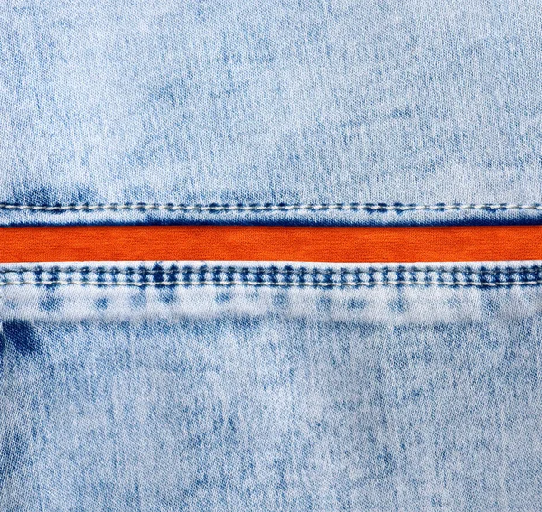 Fronteras Mezclilla Azul Con Una Costura Textura Algodón Naranja Tejido — Foto de Stock