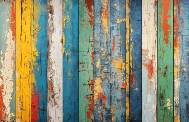 Kırık beyaz, kırmızı, sarı ve mavi boyalı eski ahşap tahtaların dokusu. Farklı renklerde eski ahşap tahtalarla yatay arka plan