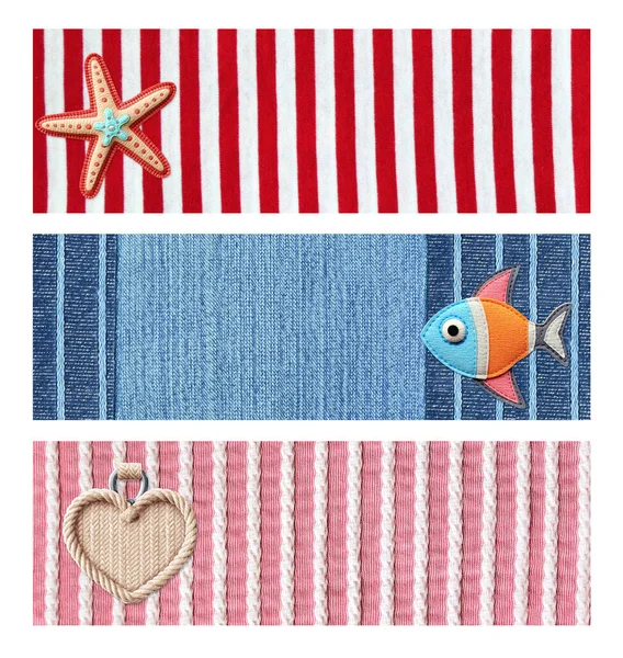 Set Vintage Travel Horizontal Banner Felt Fish Starfish Rope Heart — Stock Photo, Image
