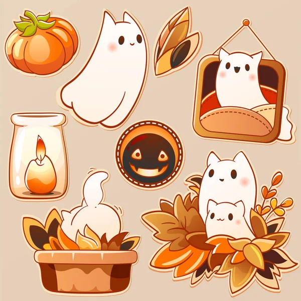 Set Cute Kitty Ghosts Kawaii Style Halloween Collection Stickers Little — Stock Vector