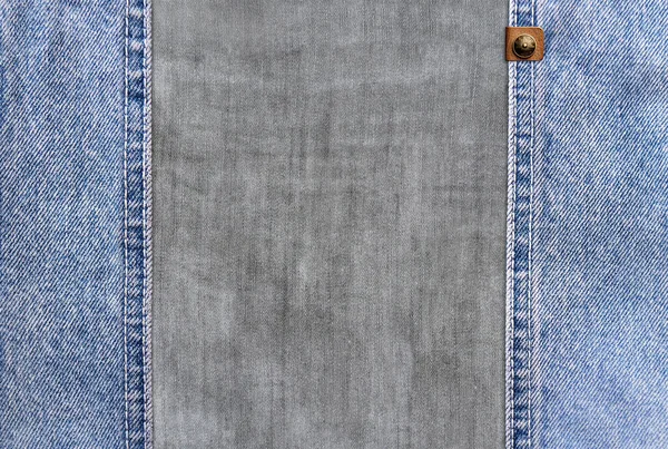 Horizontal Background Blue Denim Borders Seam Leather Label Light Grey — Stock Photo, Image