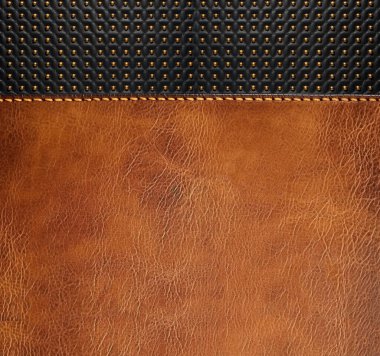 Kahverengi ve siyah renkli, bronz perçinli deri arka plan. Kahverengi ve siyah renkli sığır derisi desenli dekoratif bir fon. Şablon oluşturun. Uzayı metin için kopyala. 3d hazırlayıcı