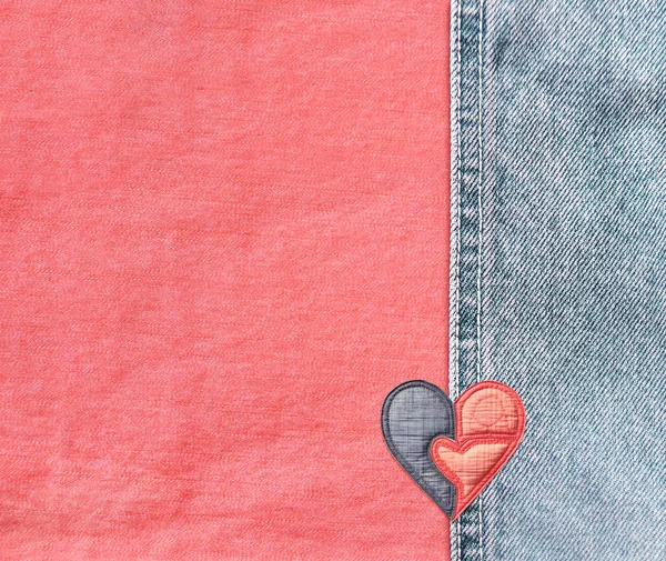Pink Light Blue Denim Background Seam Felt Heart Coral Blue — Stock Photo, Image