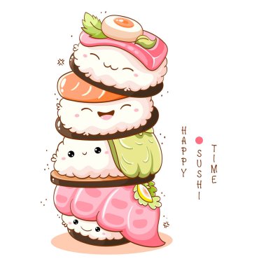 Stack of cute sushi and rolls in kawaii style with smiling faces. Japanese traditional cuisine dishes clipart