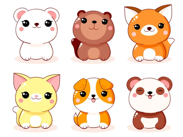 Set Simpatici Animaletti Animati Stile Kawaii Collezione Adorabili Cuccioli Animali — Vettoriale Stock