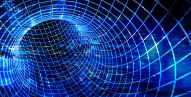 Yatay fütüristik arka plan, ağ tüneli ve soyut devre kartı. Küresel iletişim, siber teknoloji ve ağ kurma kavramı. 3d hazırlayıcı