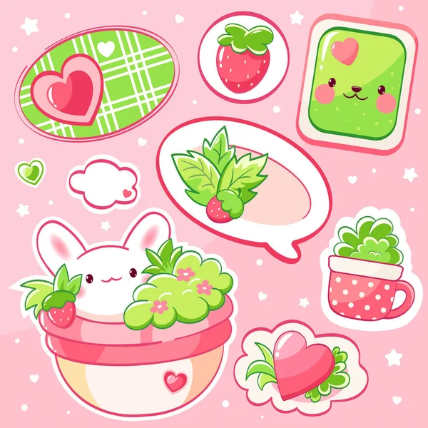 stock vector Set of stickers with strawberry and little bunny in kawaii style. Cute eye-catching summer strawberry tag collection in pink and green colors. Vector illustration EPS8