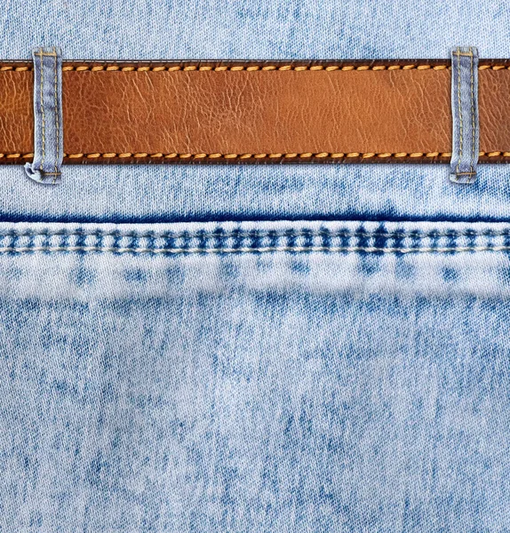 Blue Denim Background Leather Belt Horizontal Vertical Backdrop Light Blue — Stock Photo, Image