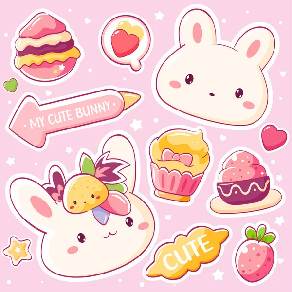 Set of stickers with strawberry and little bunny in kawaii style. Cute eye-catching summer strawberry tag collection. Vector illustration EPS8