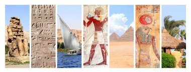 Mısır 'ın ünlü simgelerine sahip dikey pankart koleksiyonu - Giza' daki Büyük Piramitler, Krallar Vadisi 'ndeki Memnon Colossi, Luxor, Hatshepsut Tapınağı' ndaki Renkli Duvar Resimleri, Batı Teb