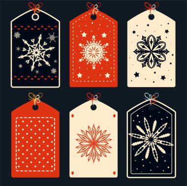Göz alıcı Noel kartı, afiş, geçmiş, broşür, kar taneli pankart. Kırmızı, siyah ve fildişi renkli hediye etiketi, etiket ya da poster şablonu koleksiyonu. Vektör illüstrasyonu EPS8