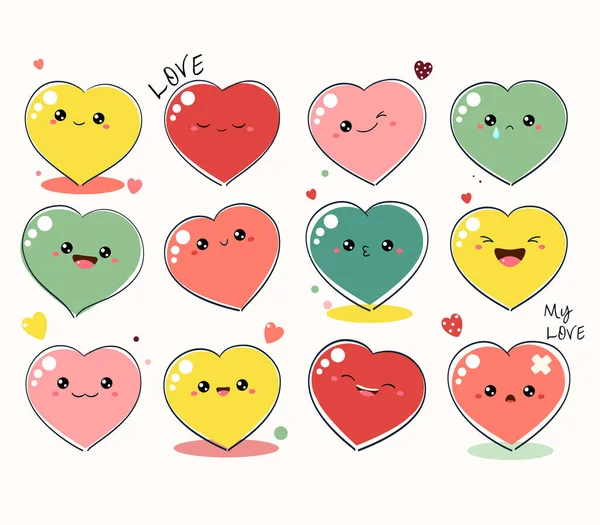 Roztomilé Valentýnské Srdce Stylu Kawaii Kolekce Emotikonů Tvaru Srdce Odlišnou — Stockový vektor