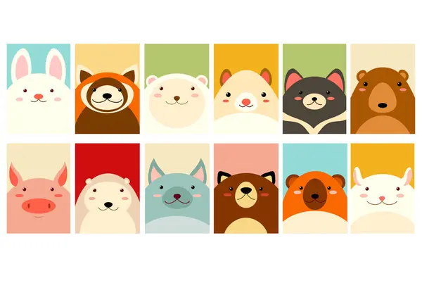 Set Icone Dei Membri Kawaii Carte Con Simpatici Animali Dei — Vettoriale Stock
