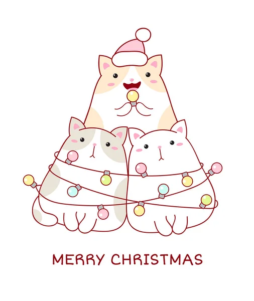 Joyeux Noël Carte Avec Trois Drôles Gros Chats Enveloppé Guirlande — Image vectorielle