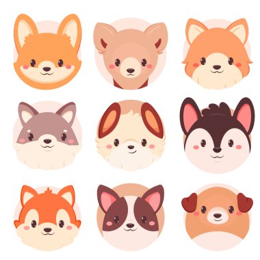 Bir grup Kawaii üyesi ikonu. Çizgi filmlerdeki sevimli köpeklerin olduğu yuvarlak çıkartmalar. Yavru köpek ile bebek avatar koleksiyonu. Vektör illüstrasyonu EPS8
