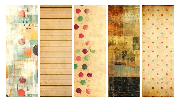 Set of vertical or horizontal banners with old paper texture and retro patterns with strips, dots and drops. Vintage backgrounds with grunge paper material. Copy space for text